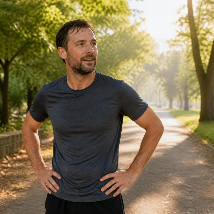 A man in a t-shirt pauses with his hands on his hips on a sunlit, tree-lined path outdoors, catching his breath after moving.