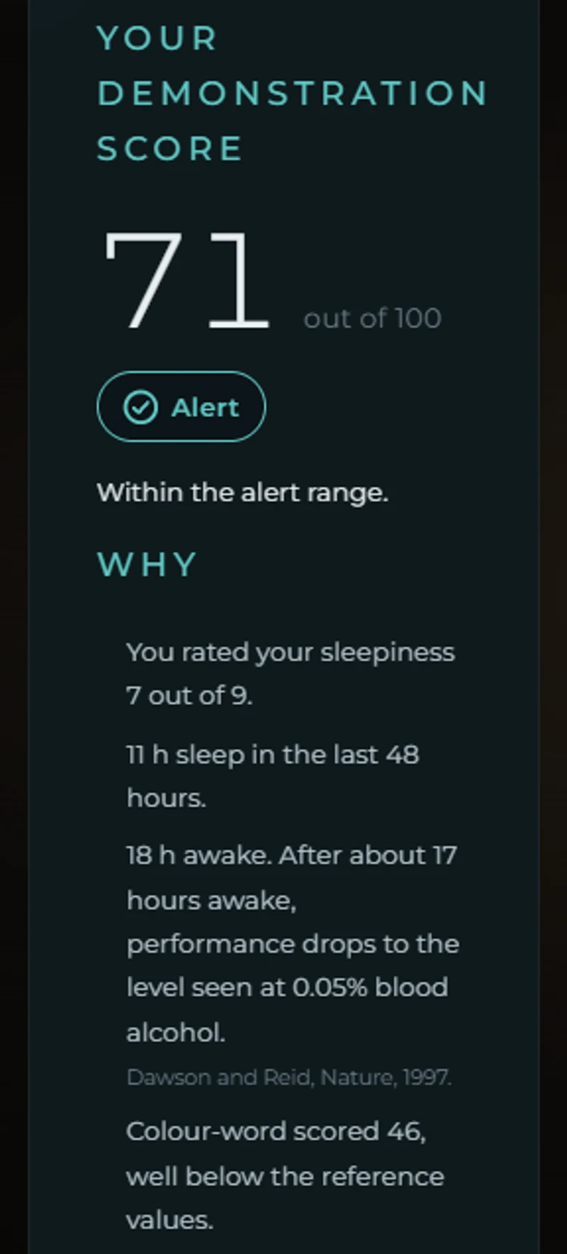 A finished NU._.IRA Alert check showing a score of 71, the Alert range, and the reasons behind it