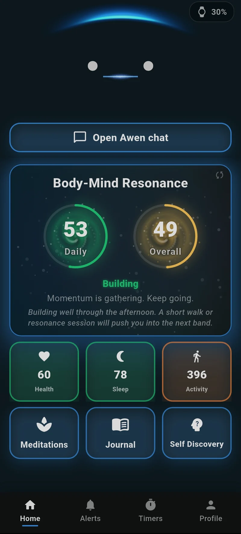 The NU._.IRA app home screen, showing your daily resonance