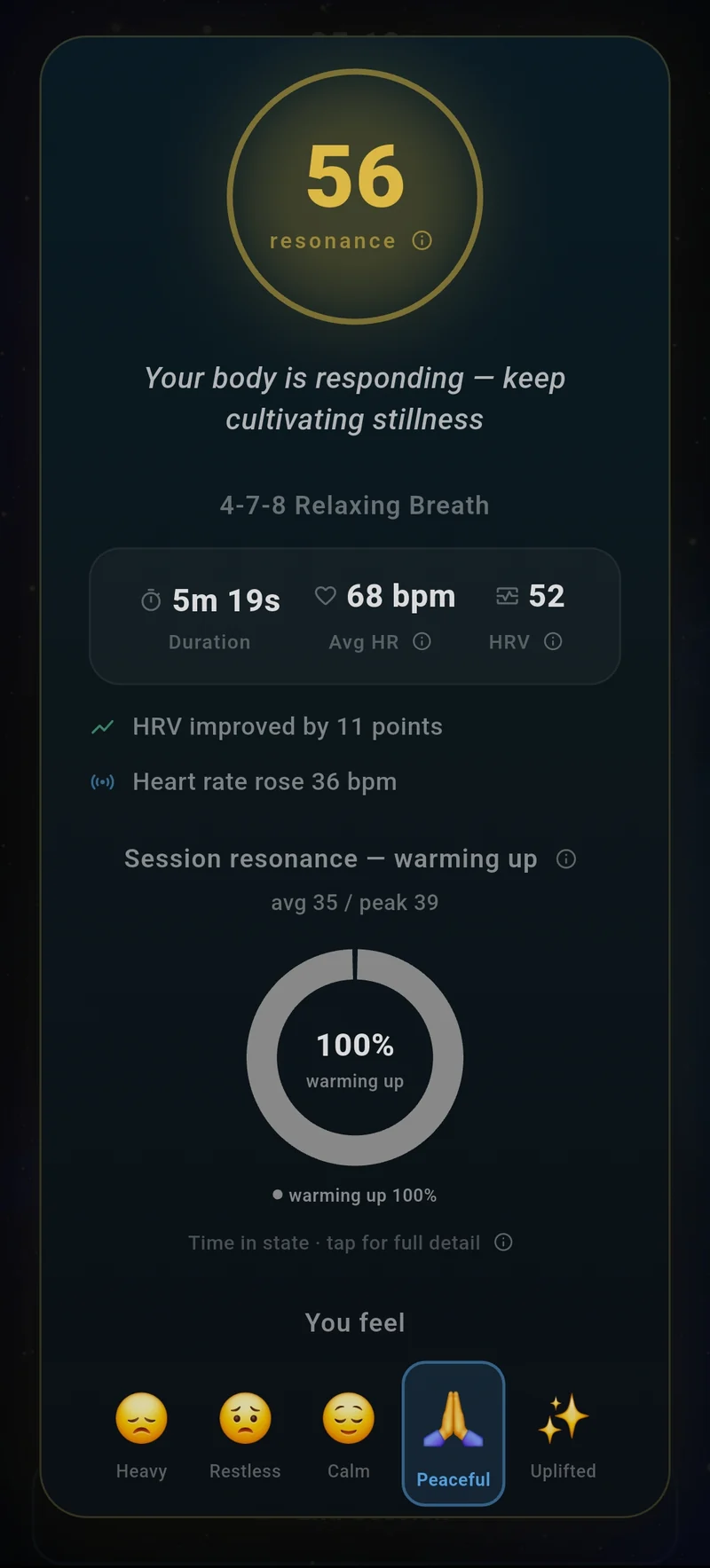 A resonance session summary showing what changed in your heart rate and HRV