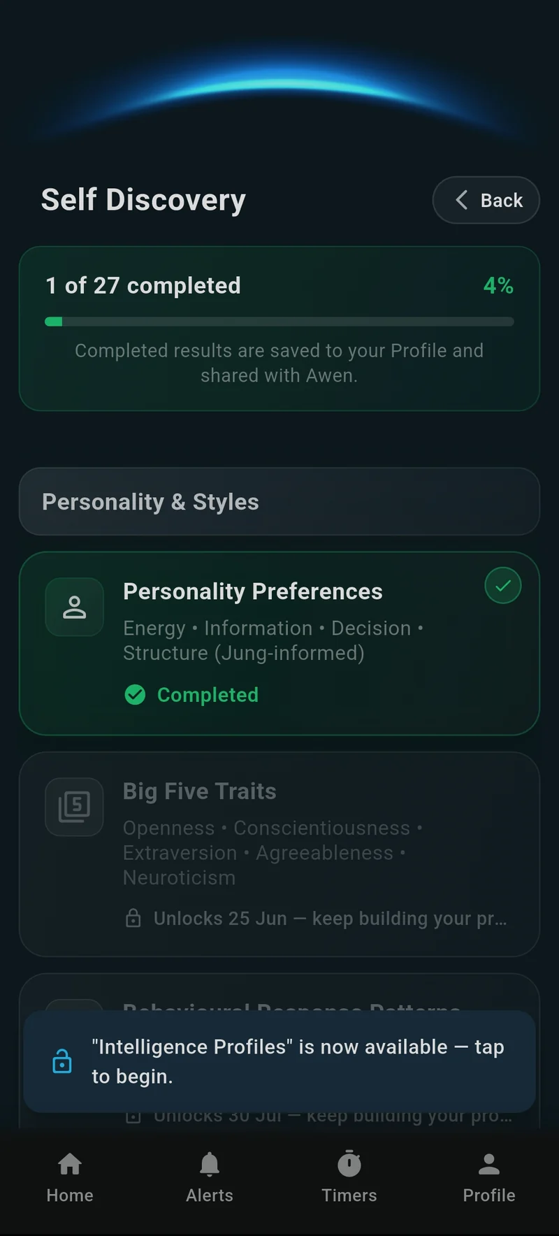Self-discovery assessments in the NU._.IRA app