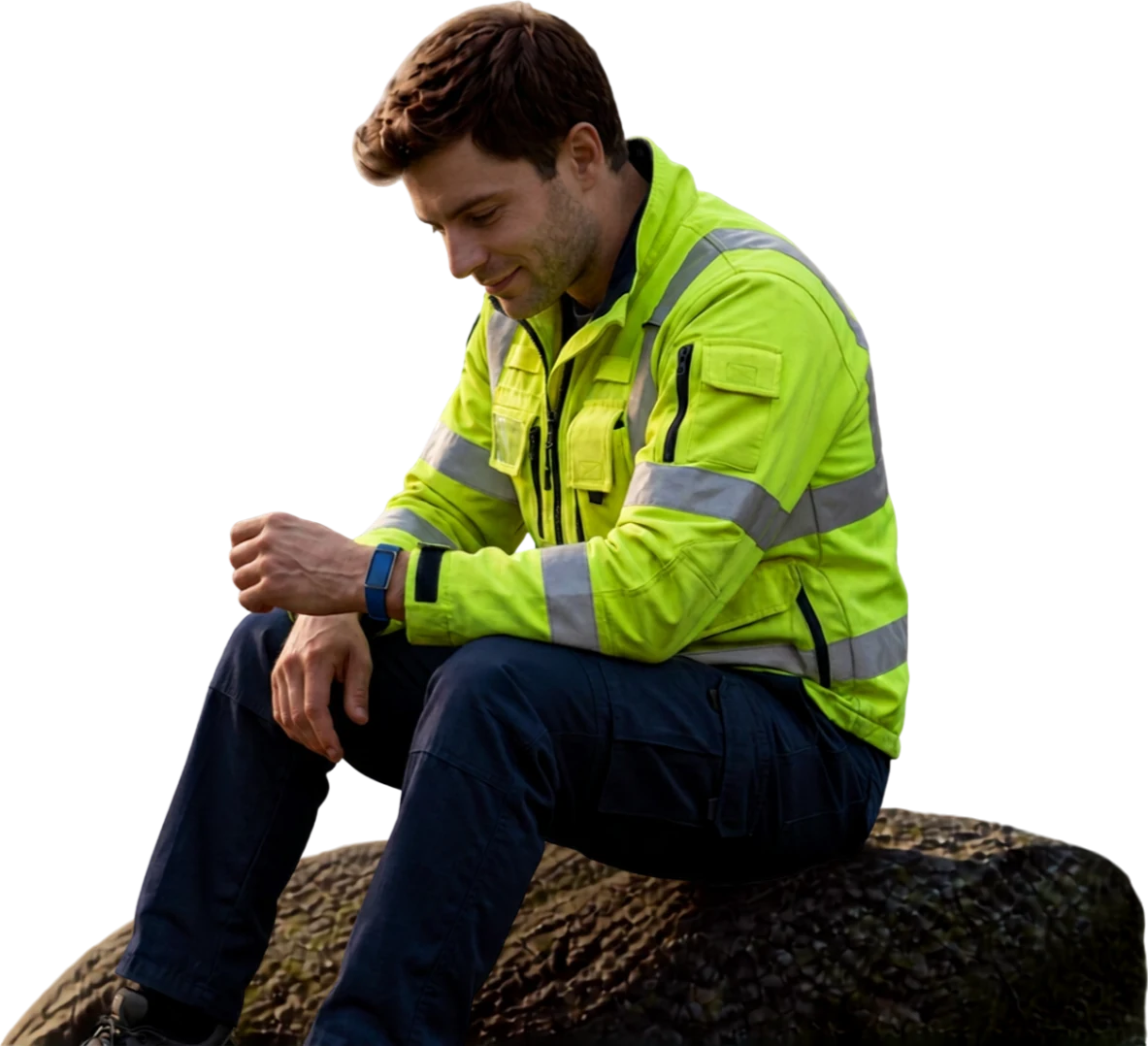 A worker in a hi-vis jacket sits on a rock at the end of a shift, hands resting on his knees, the NU._.IRA Band on his wrist.