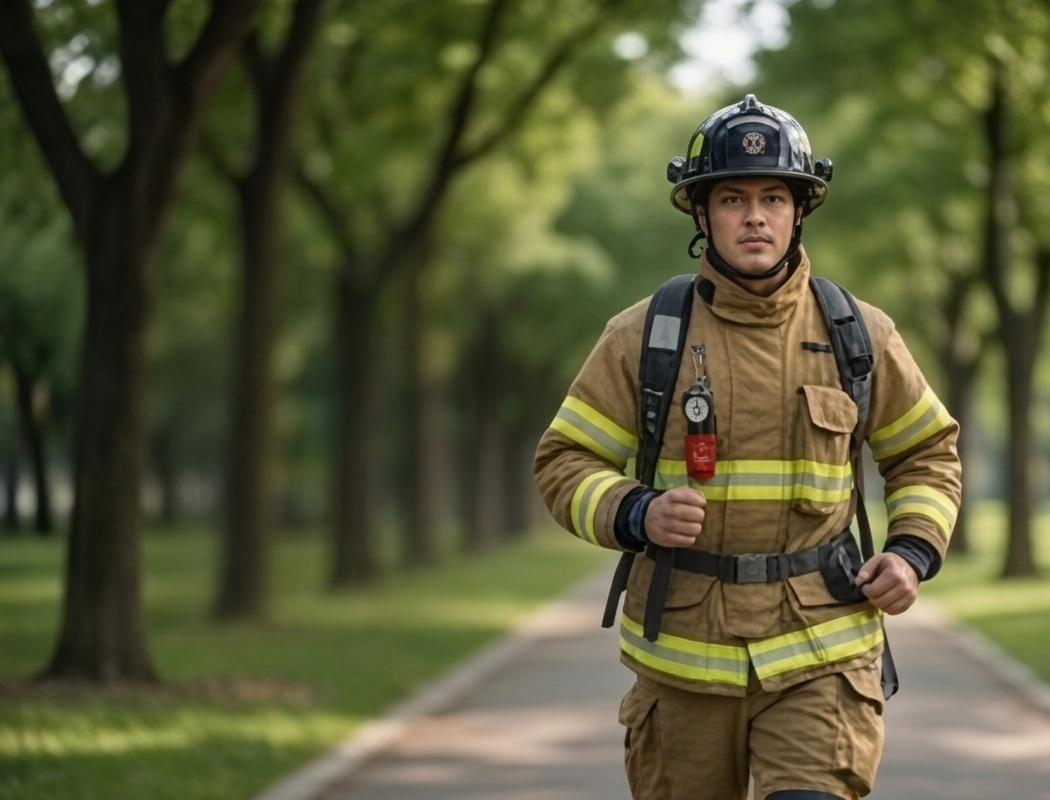 A firefighter in full turnout gear walks along a tree lined path, looking ahead.
