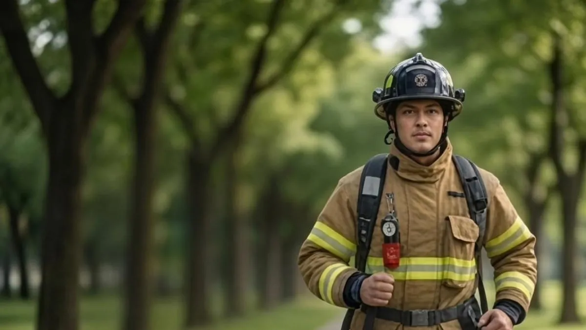 A firefighter in turnout gear walking along a tree lined path