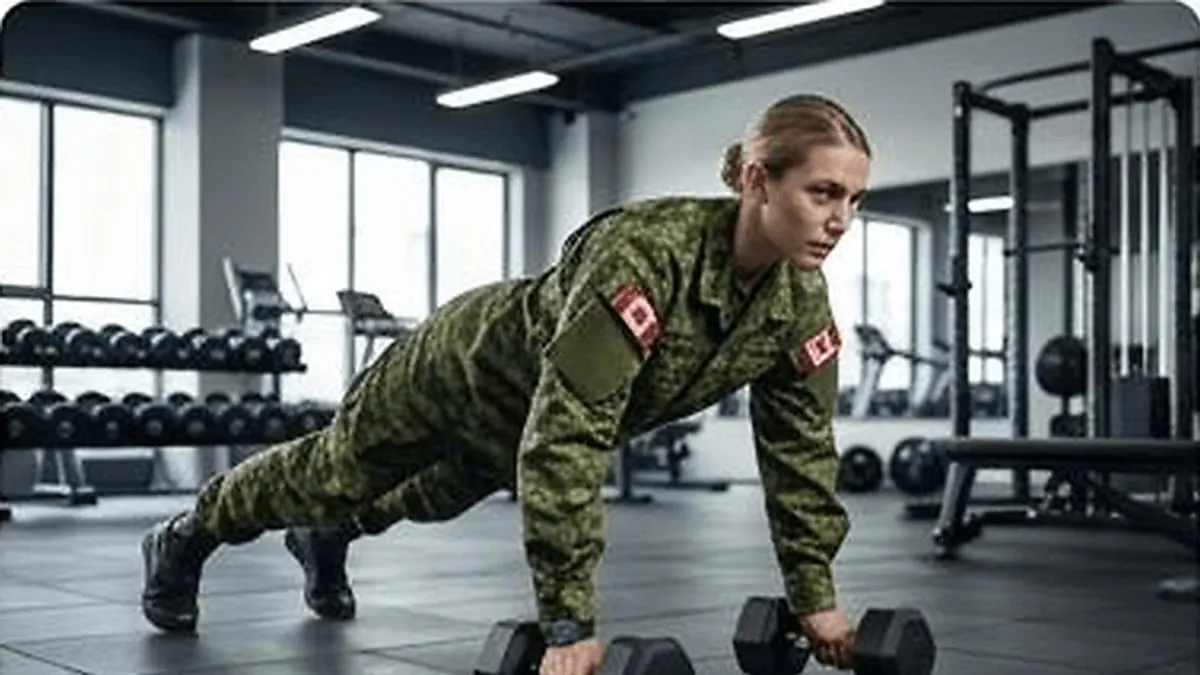 A soldier training in a gym, doing a push up on dumbbells