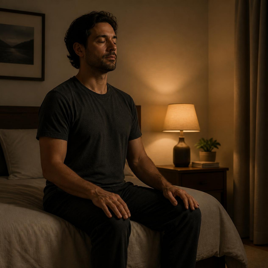 A man sits on the edge of his bed with his eyes closed and hands resting on his knees.