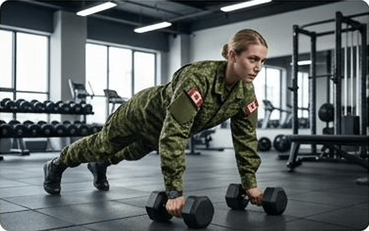 A soldier in camouflage uniform holds a plank position over two dumbbells in a gym, looking ahead.