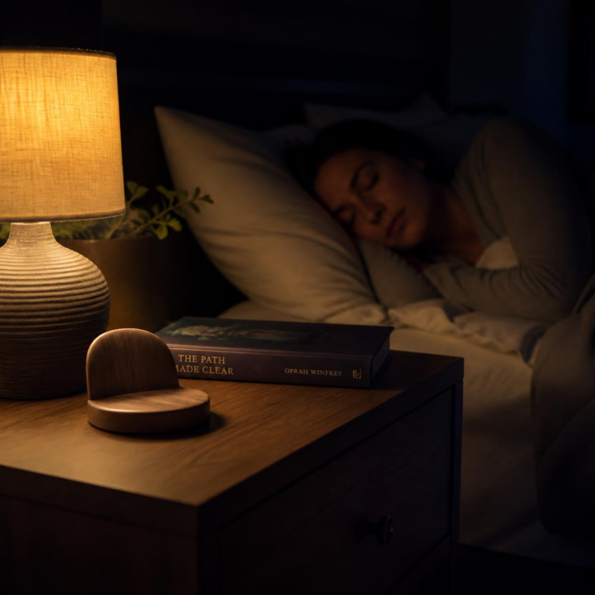 A woman sleeps peacefully in a dim bedroom at night, with a warm bedside lamp, a book, and a wooden charging dock resting on the nightstand.