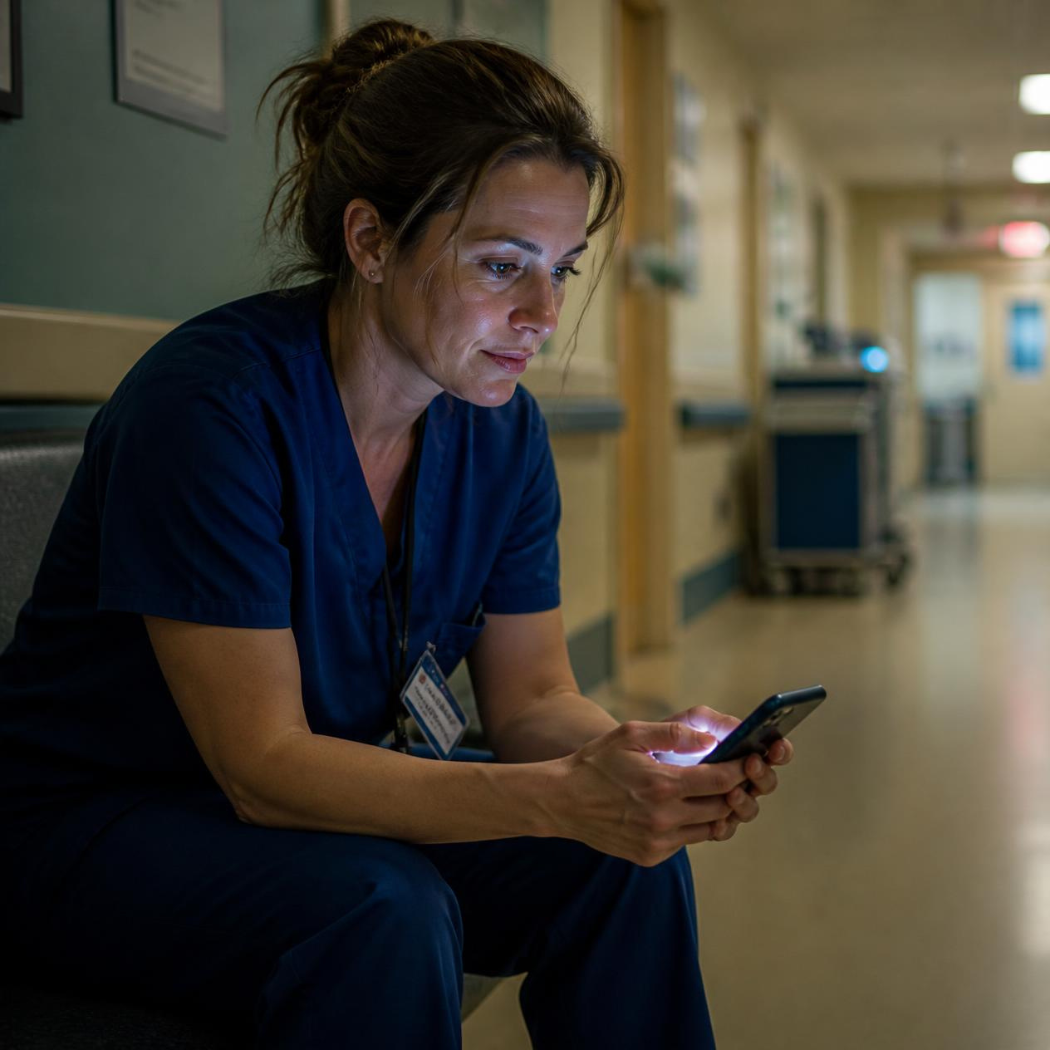 A nurse in scrubs sits in a hospital corridor at the end of a shift, looking at her phone.