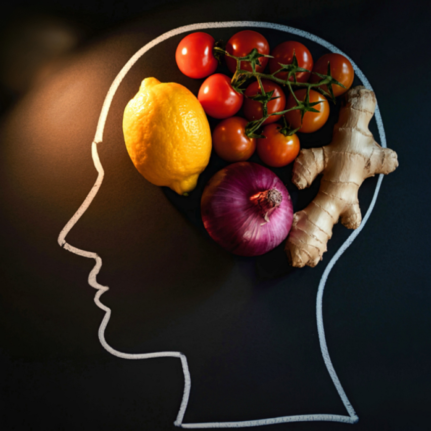A chalk outline of a head in profile on a dark surface, filled with fresh food: tomatoes on the vine, a lemon, a red onion and a knob of ginger.